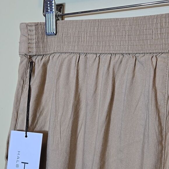 H by Halston Tan Linen Wide Leg Pants NWT Size Large Pull On Crop Elastic Waist - Picture 8 of 10
